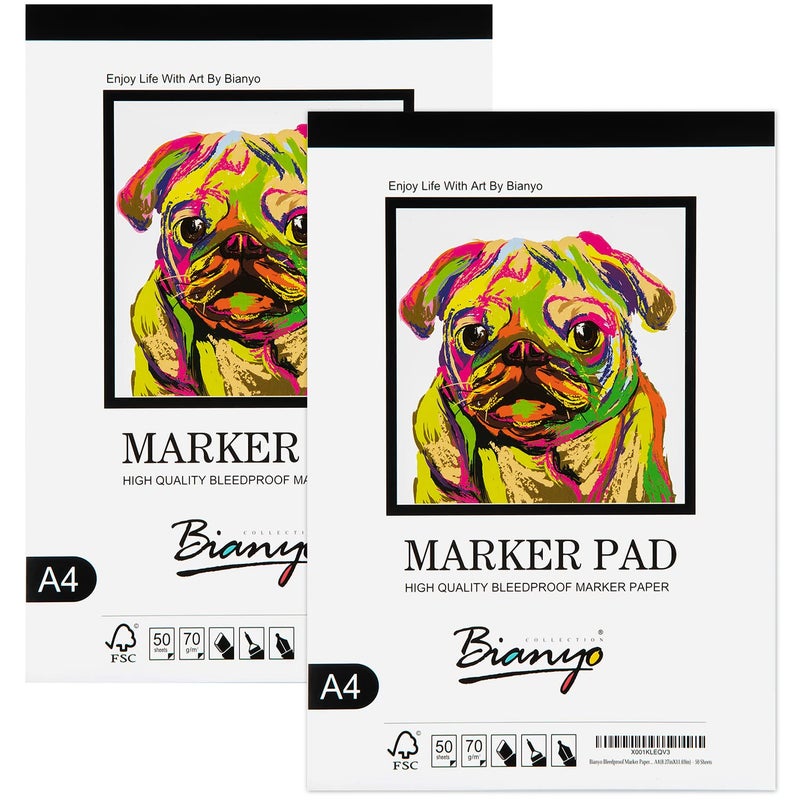 Bianyo Bleedproof Marker Paper Pad, A4(8.27""X11.69""), 50 Sheets/Pad, Pack of 2 Pads, 18 LB / 70 GSM, Glue-Bound, 100% Cotton, White, Ideal for Use with Markers and Ink Mediums - Image 1